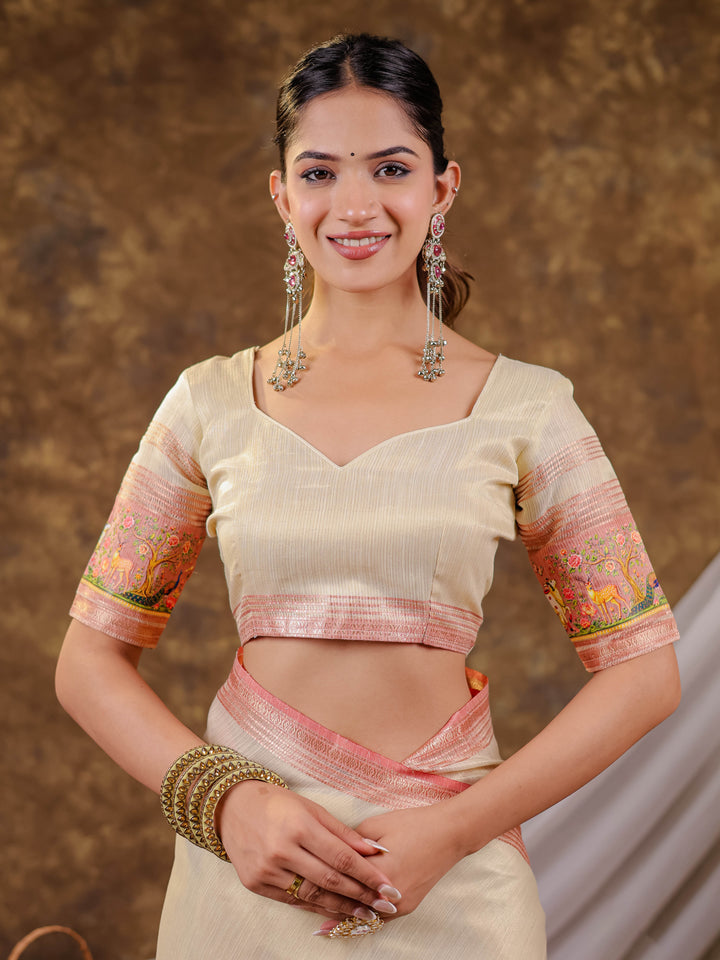 Ivory Cream Khadi Cotton Saree with Peach Pink Traditional Printed Border & Pallu, Zari Weaving, Tassels on Edges with Blouse Piece