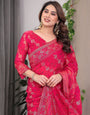 Rose Pink Fendi Satin Block & Foil Print Saree with Attached Blouse & Tassel Detailing