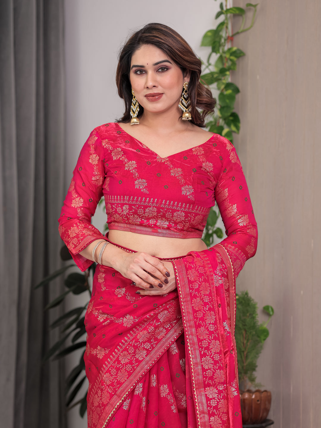 Rose Pink Fendi Satin Block & Foil Print Saree with Attached Blouse & Tassel Detailing