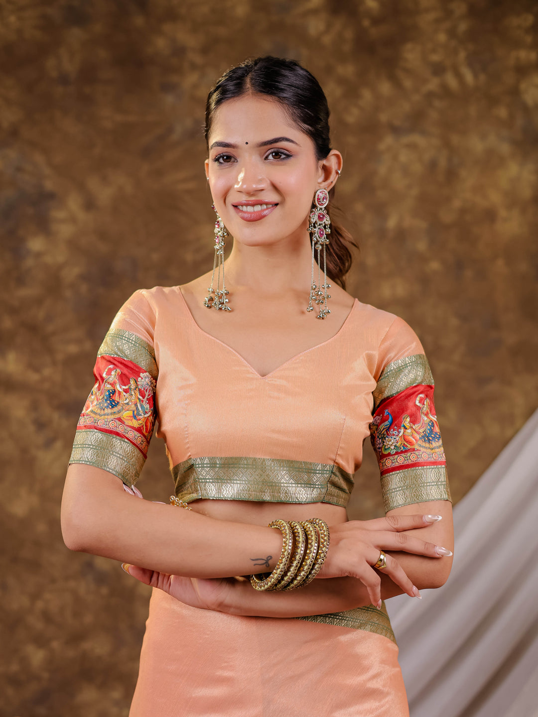 Peach Khadi Cotton Saree with Sage Green Zari Border, Multicolour Peacock Printed Border & Pallu, Tassels with Blouse Piece
