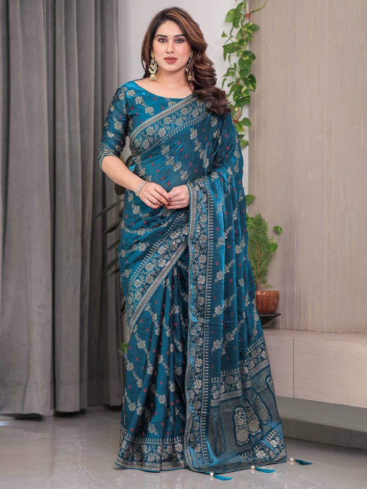 Teal Blue Fendi Satin Block & Foil Print Saree with Floral Motifs, Attached Blouse & Tassel Finish