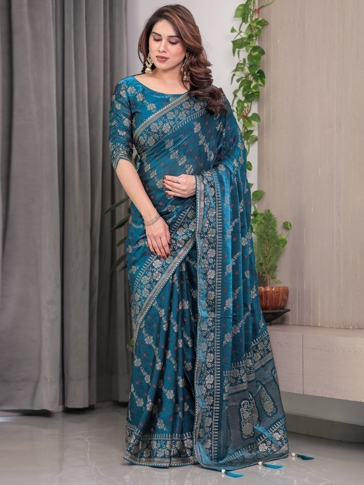 Teal Blue Fendi Satin Block & Foil Print Saree with Floral Motifs, Attached Blouse & Tassel Finish