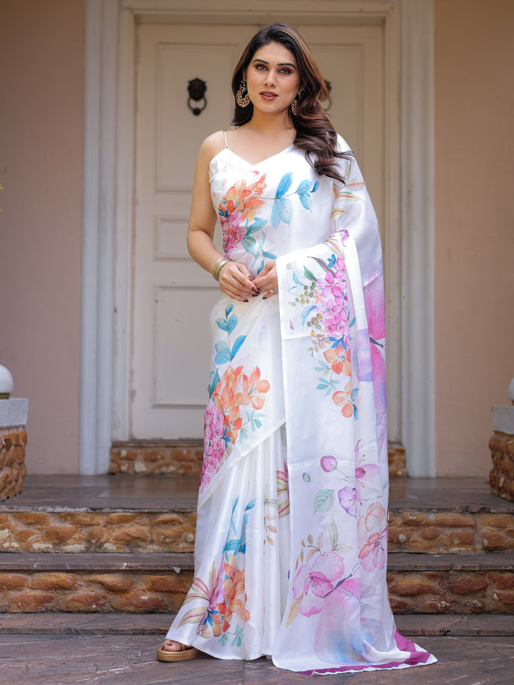 White Pastel Floral Printed Satin Georgette Saree with Matching Blouse – Soft Elegant Party & Day Wear