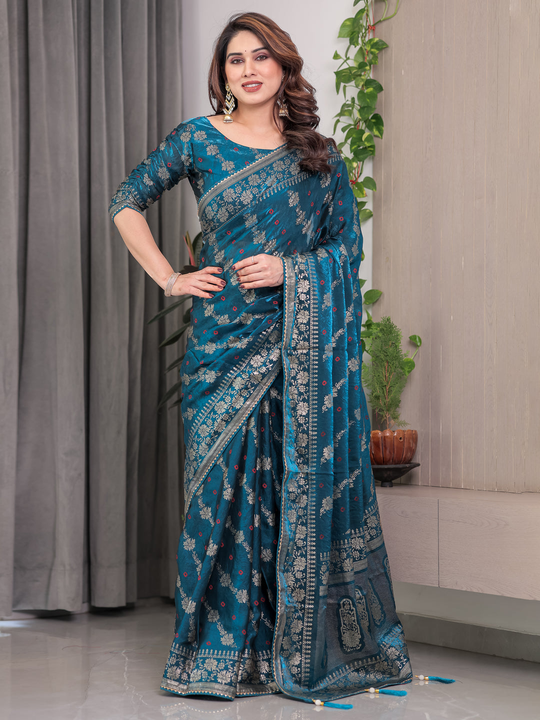 Teal Blue Fendi Satin Block & Foil Print Saree with Floral Motifs, Attached Blouse & Tassel Finish