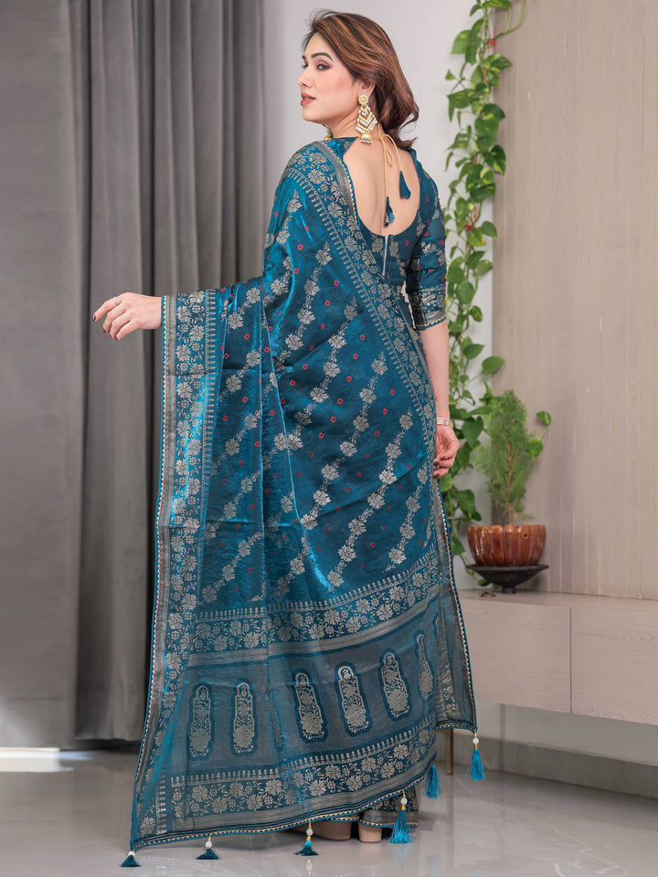 Teal Blue Fendi Satin Block & Foil Print Saree with Floral Motifs, Attached Blouse & Tassel Finish