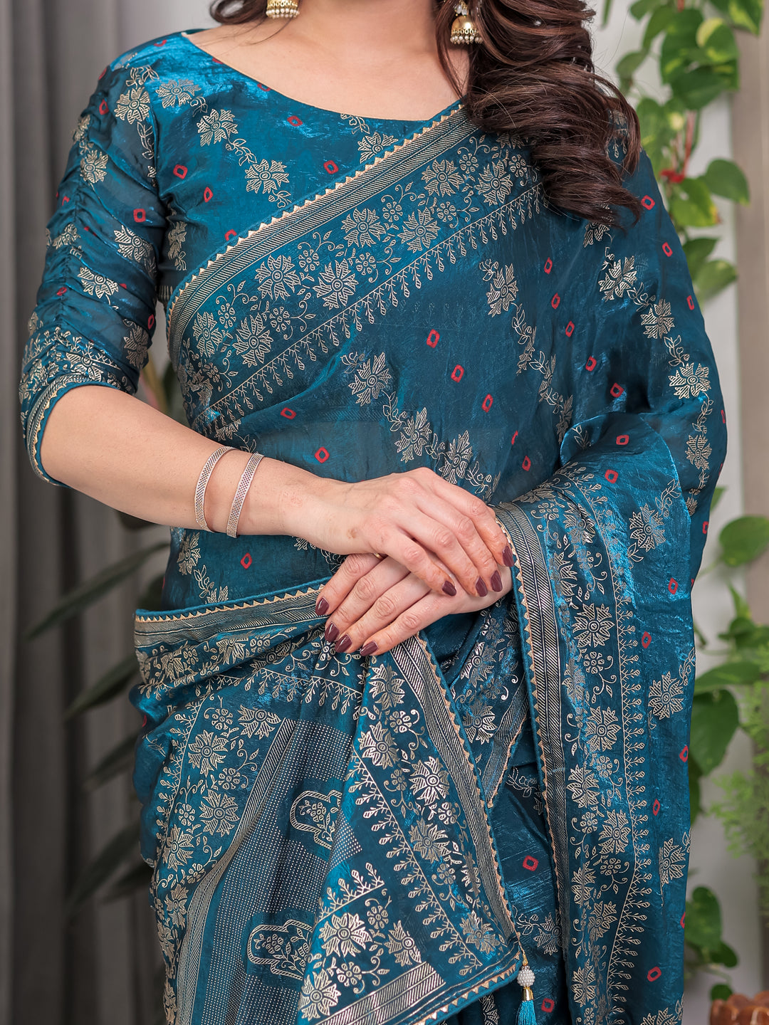 Teal Blue Fendi Satin Block & Foil Print Saree with Floral Motifs, Attached Blouse & Tassel Finish