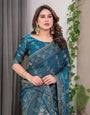 Teal Blue Fendi Satin Block & Foil Print Saree with Floral Motifs, Attached Blouse & Tassel Finish