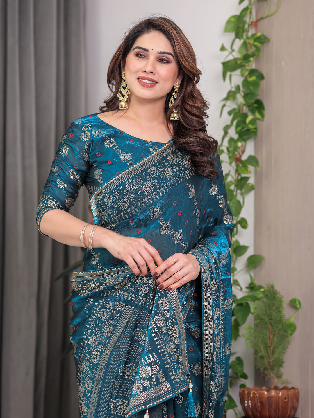 Teal Blue Fendi Satin Block & Foil Print Saree with Floral Motifs, Attached Blouse & Tassel Finish