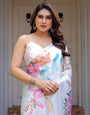 White Pastel Floral Printed Satin Georgette Saree with Matching Blouse – Soft Elegant Party & Day Wear