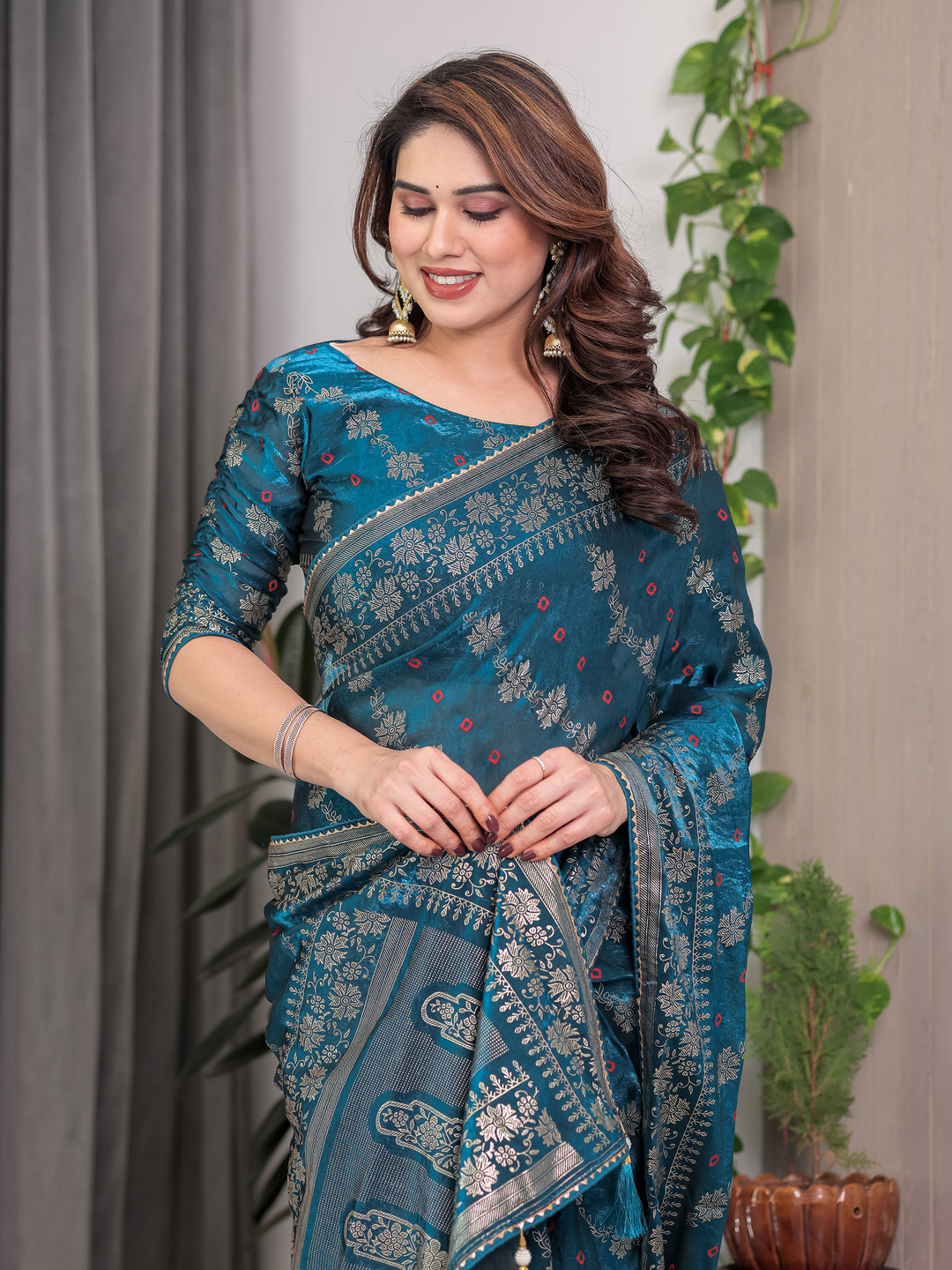 Teal Blue Fendi Satin Block & Foil Print Saree with Floral Motifs, Attached Blouse & Tassel Finish