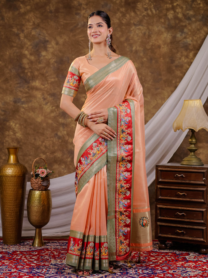 Peach Khadi Cotton Saree with Sage Green Zari Border, Multicolour Peacock Printed Border & Pallu, Tassels with Blouse Piece