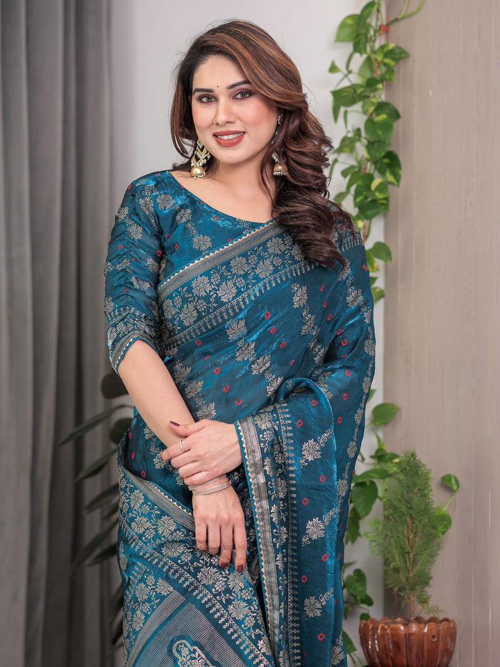 Teal Blue Fendi Satin Block & Foil Print Saree with Floral Motifs, Attached Blouse & Tassel Finish