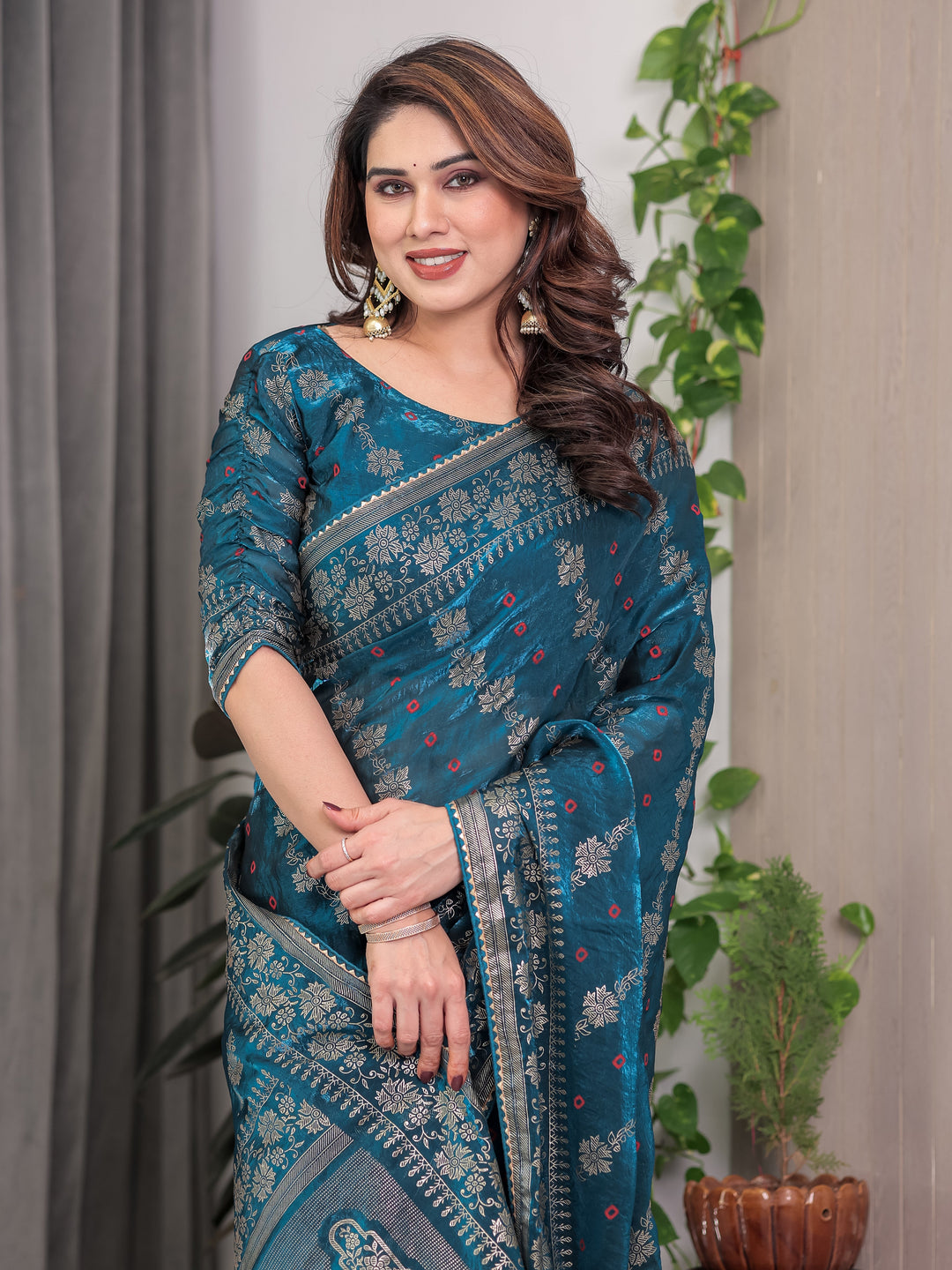 Teal Blue Fendi Satin Block & Foil Print Saree with Floral Motifs, Attached Blouse & Tassel Finish