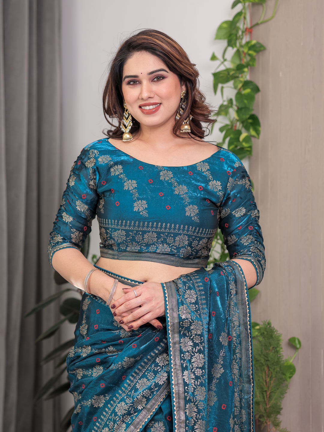 Teal Blue Fendi Satin Block & Foil Print Saree with Floral Motifs, Attached Blouse & Tassel Finish