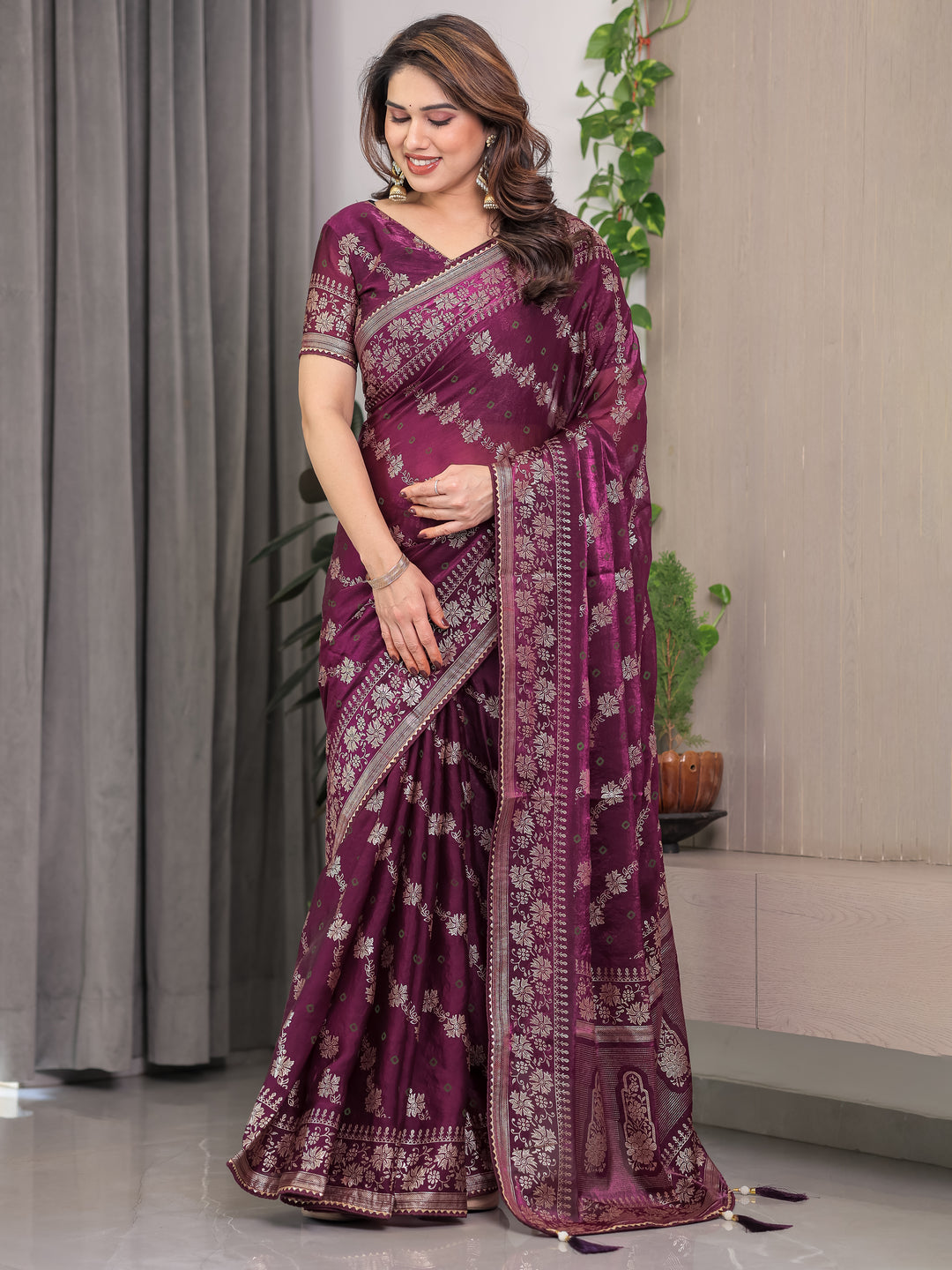 Plum Wine Fendi Satin Block & Foil Print Saree with Floral Motifs, Attached Blouse & Tassel Detailing