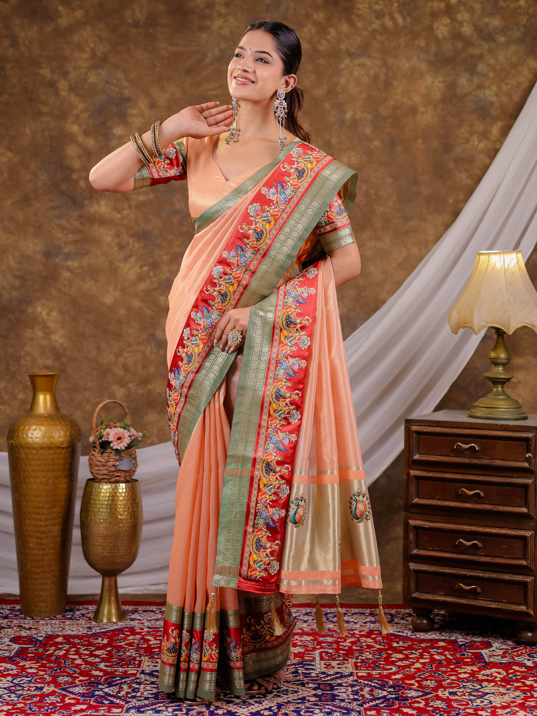 Peach Khadi Cotton Saree with Sage Green Zari Border, Multicolour Peacock Printed Border & Pallu, Tassels with Blouse Piece