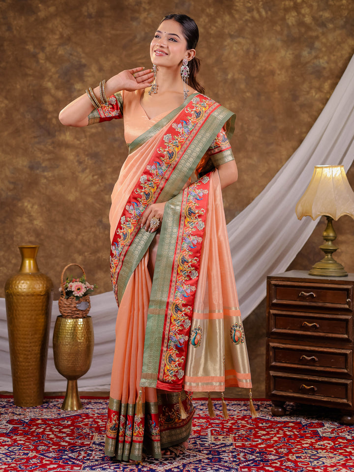 Peach Khadi Cotton Saree with Sage Green Zari Border, Multicolour Peacock Printed Border & Pallu, Tassels with Blouse Piece