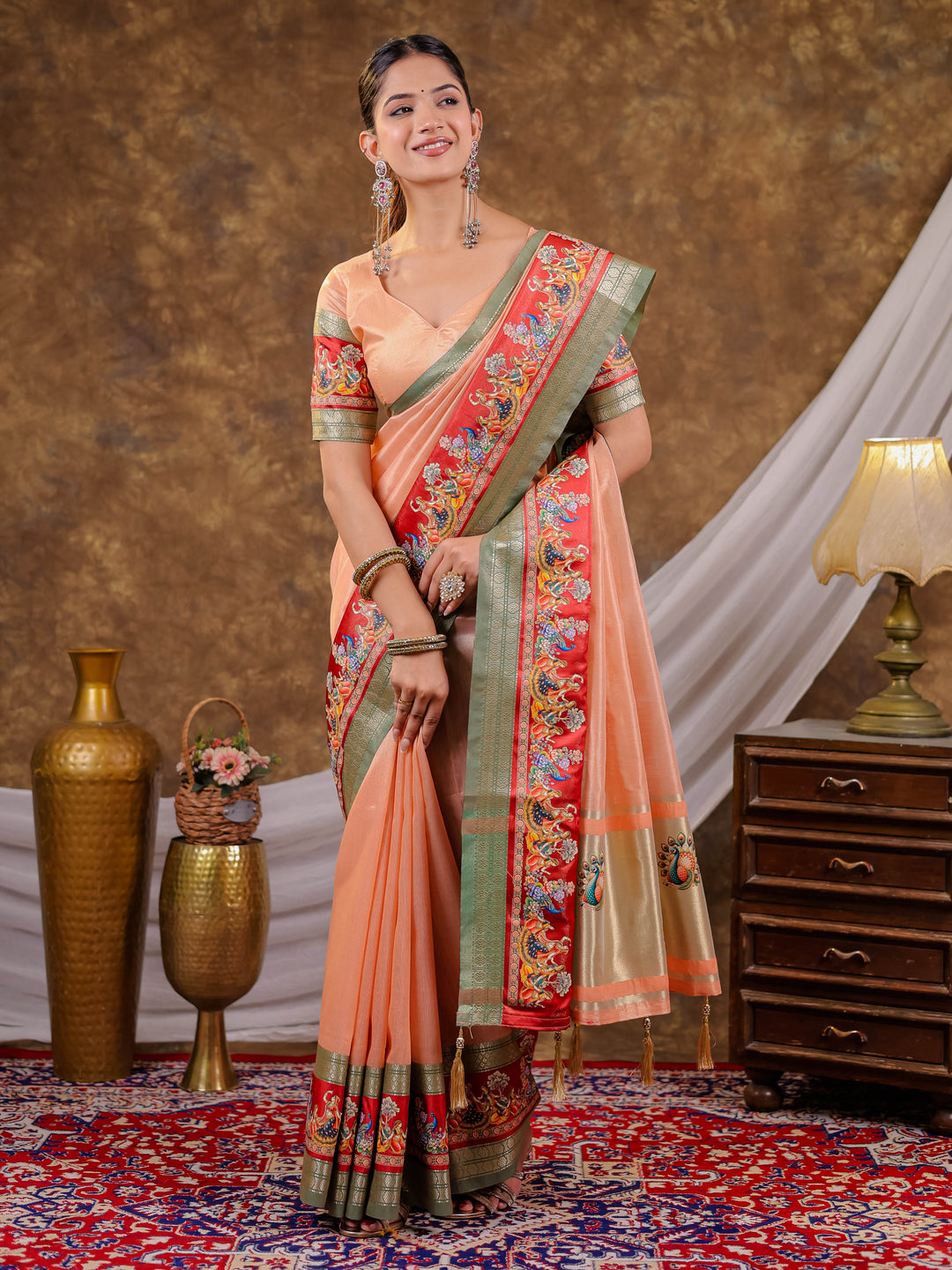 Peach Khadi Cotton Saree with Sage Green Zari Border, Multicolour Peacock Printed Border & Pallu, Tassels with Blouse Piece