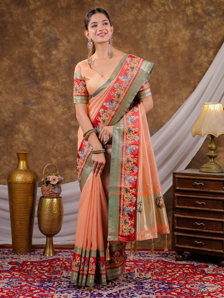Peach Khadi Cotton Saree with Sage Green Zari Border, Multicolour Peacock Printed Border & Pallu, Tassels with Blouse Piece