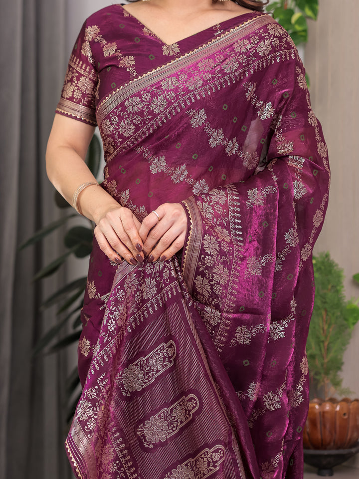 Plum Wine Fendi Satin Block & Foil Print Saree with Floral Motifs, Attached Blouse & Tassel Detailing