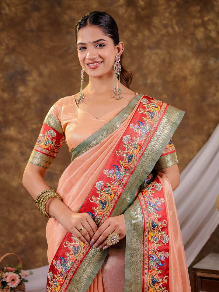Peach Khadi Cotton Saree with Sage Green Zari Border, Multicolour Peacock Printed Border & Pallu, Tassels with Blouse Piece