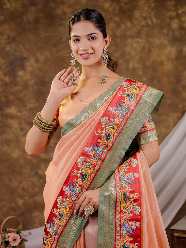Peach Khadi Cotton Saree with Sage Green Zari Border, Multicolour Peacock Printed Border & Pallu, Tassels with Blouse Piece