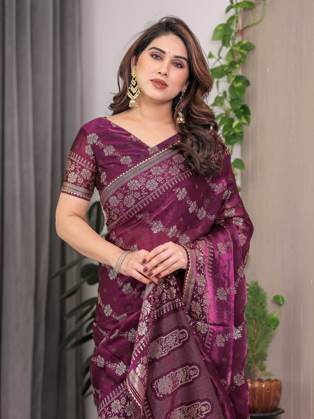 Plum Wine Fendi Satin Block & Foil Print Saree with Floral Motifs, Attached Blouse & Tassel Detailing