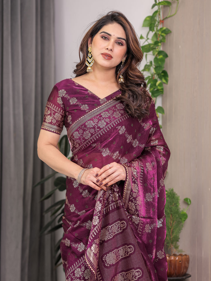 Plum Wine Fendi Satin Block & Foil Print Saree with Floral Motifs, Attached Blouse & Tassel Detailing
