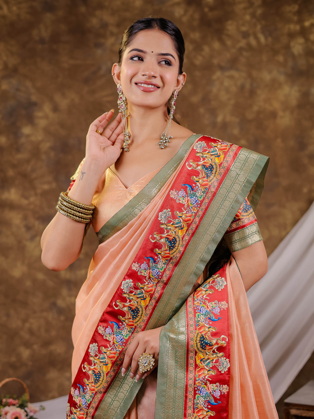 Peach Khadi Cotton Saree with Sage Green Zari Border, Multicolour Peacock Printed Border & Pallu, Tassels with Blouse Piece