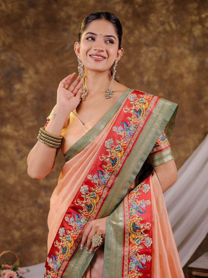Peach Khadi Cotton Saree with Sage Green Zari Border, Multicolour Peacock Printed Border & Pallu, Tassels with Blouse Piece