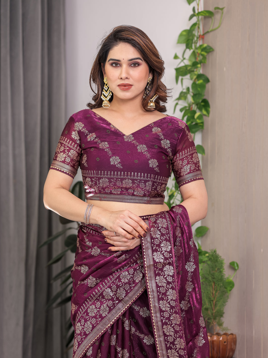 Plum Wine Fendi Satin Block & Foil Print Saree with Floral Motifs, Attached Blouse & Tassel Detailing