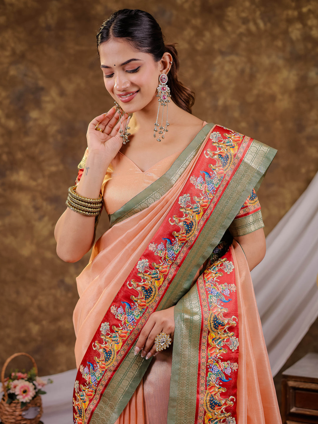 Peach Khadi Cotton Saree with Sage Green Zari Border, Multicolour Peacock Printed Border & Pallu, Tassels with Blouse Piece