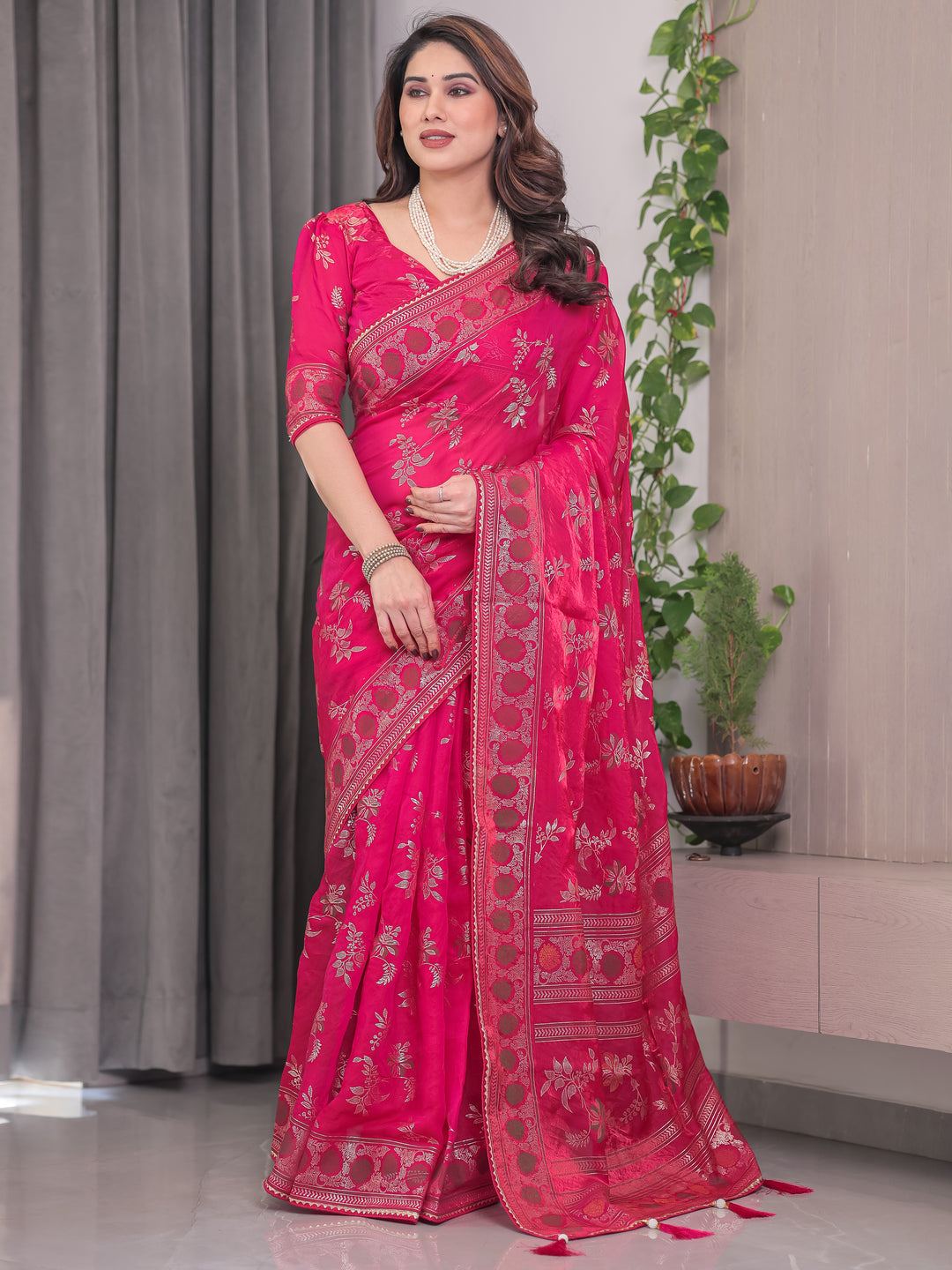 Rani Pink Fendi Satin Block & Foil Print Saree with Floral Motifs, Attached Blouse & Tassel Detailing