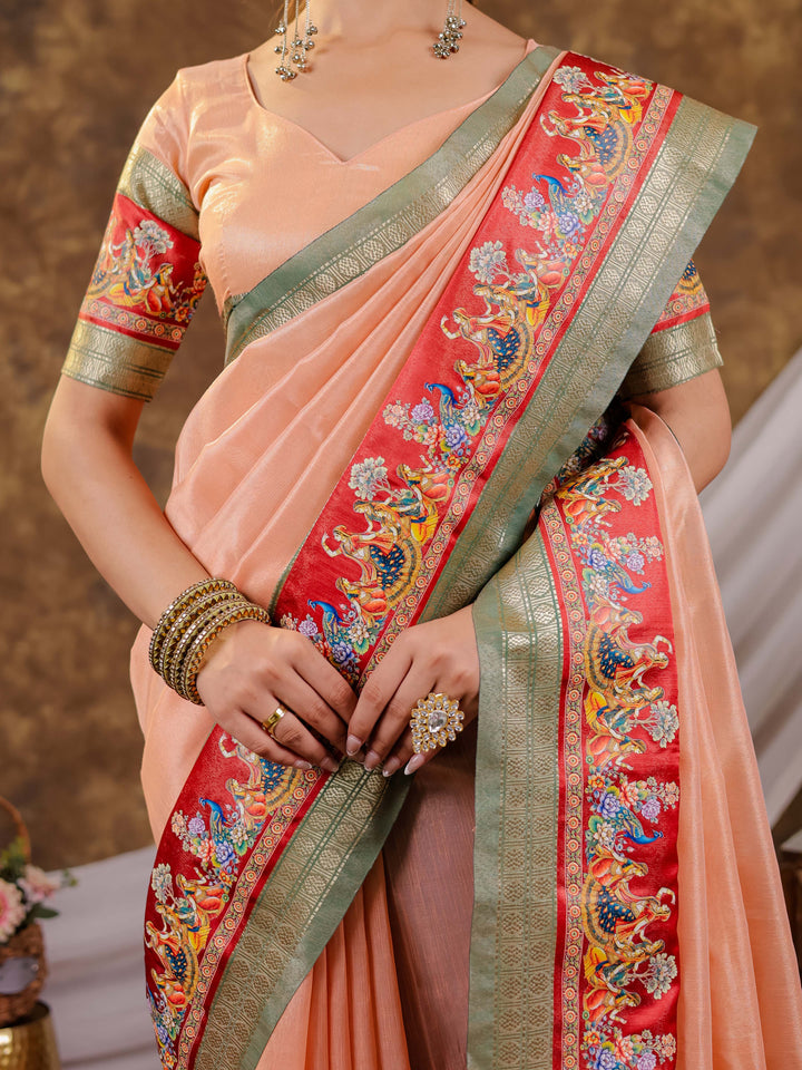 Peach Khadi Cotton Saree with Sage Green Zari Border, Multicolour Peacock Printed Border & Pallu, Tassels with Blouse Piece