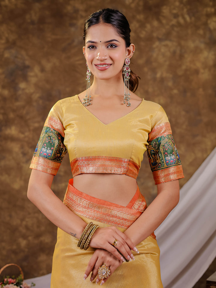 Golden Mustard Khadi Cotton Saree with Rust Orange Zari Border, Elephant Peacock Traditional Print & Lotus Pallu, Tassels with Blouse Piece