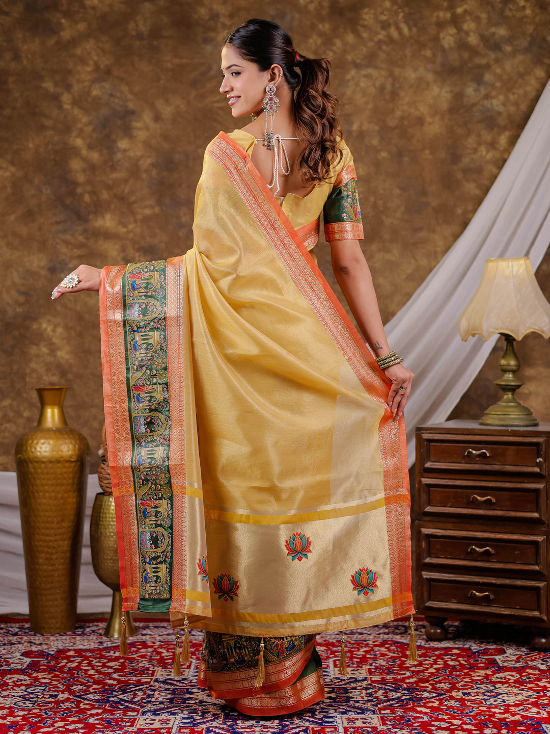 Golden Mustard Khadi Cotton Saree with Rust Orange Zari Border, Elephant Peacock Traditional Print & Lotus Pallu, Tassels with Blouse Piece
