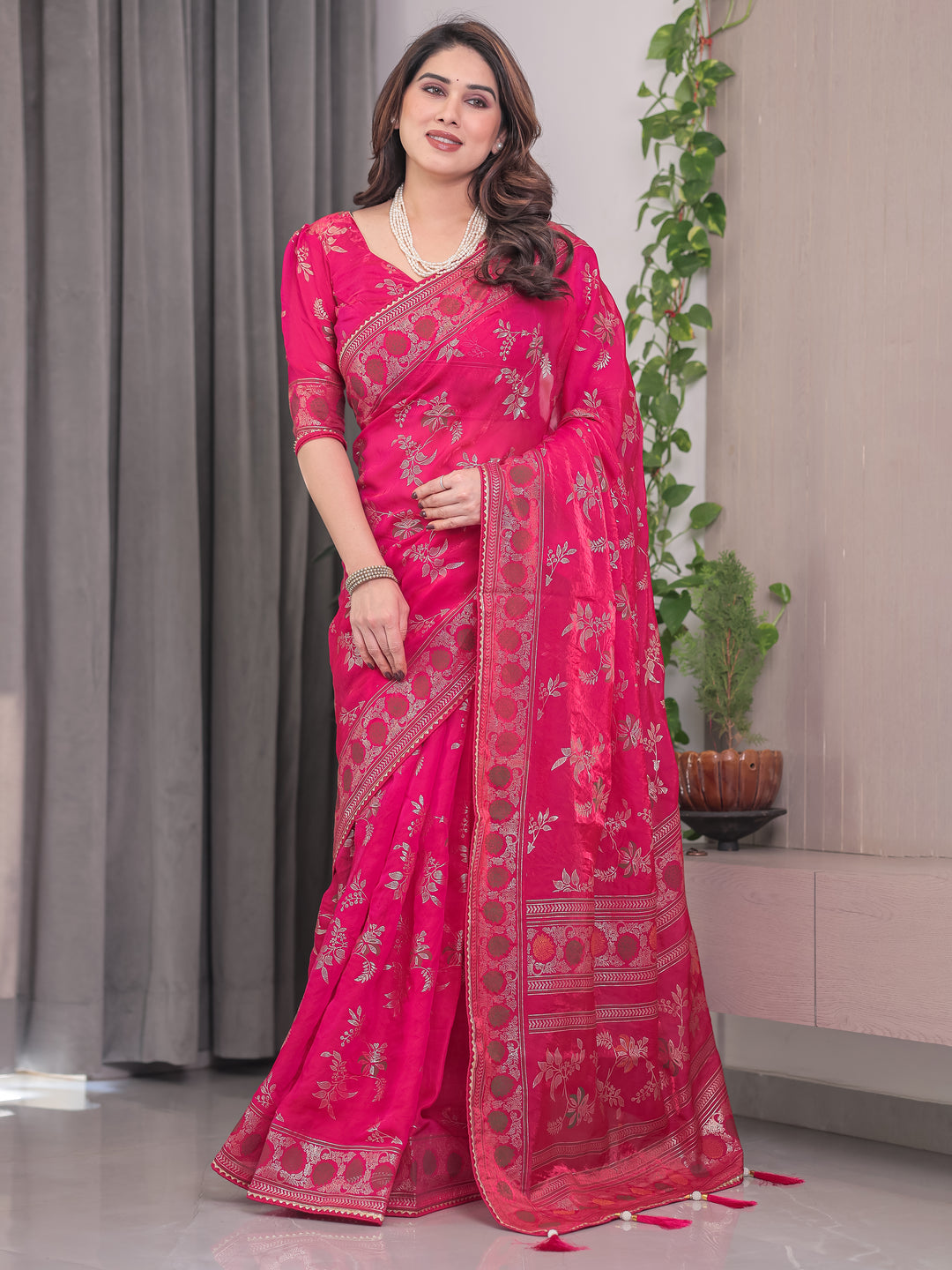 Rani Pink Fendi Satin Block & Foil Print Saree with Floral Motifs, Attached Blouse & Tassel Detailing