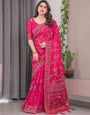 Rani Pink Fendi Satin Block & Foil Print Saree with Floral Motifs, Attached Blouse & Tassel Detailing