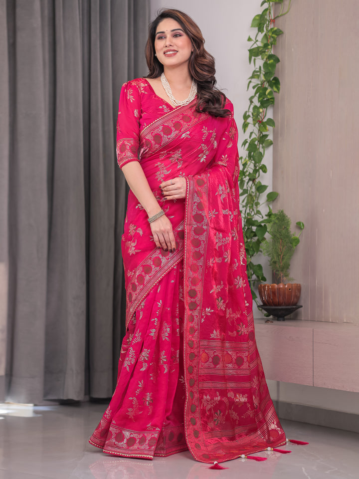 Rani Pink Fendi Satin Block & Foil Print Saree with Floral Motifs, Attached Blouse & Tassel Detailing