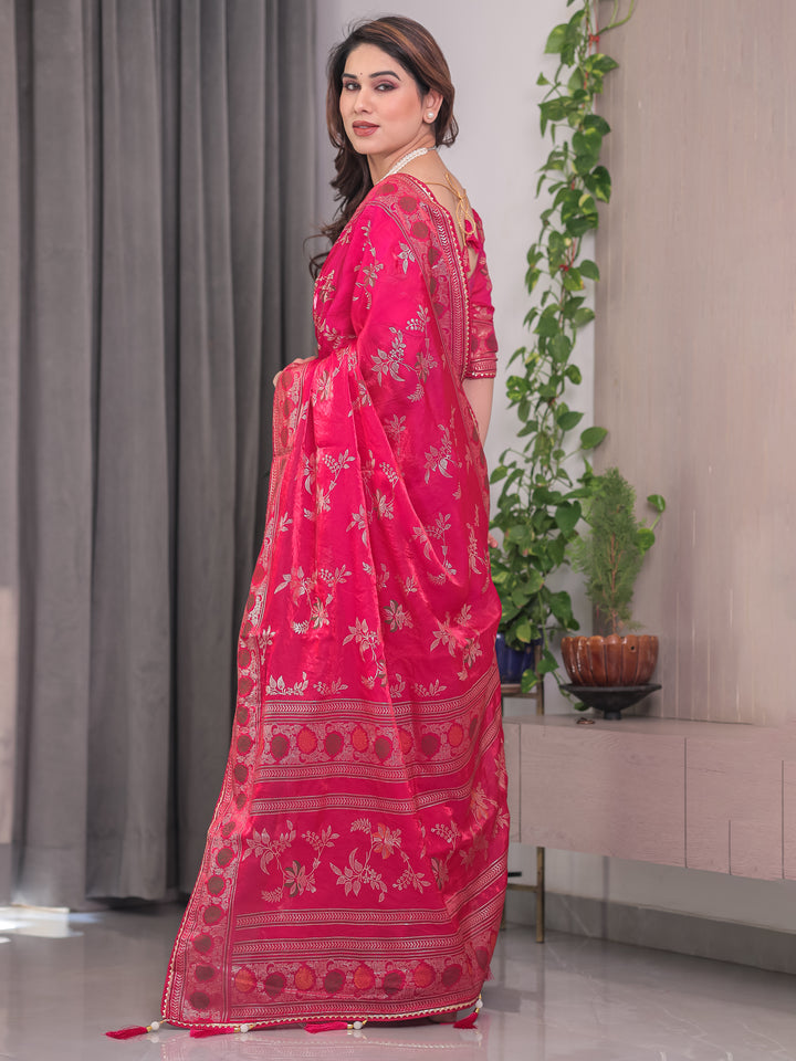 Rani Pink Fendi Satin Block & Foil Print Saree with Floral Motifs, Attached Blouse & Tassel Detailing