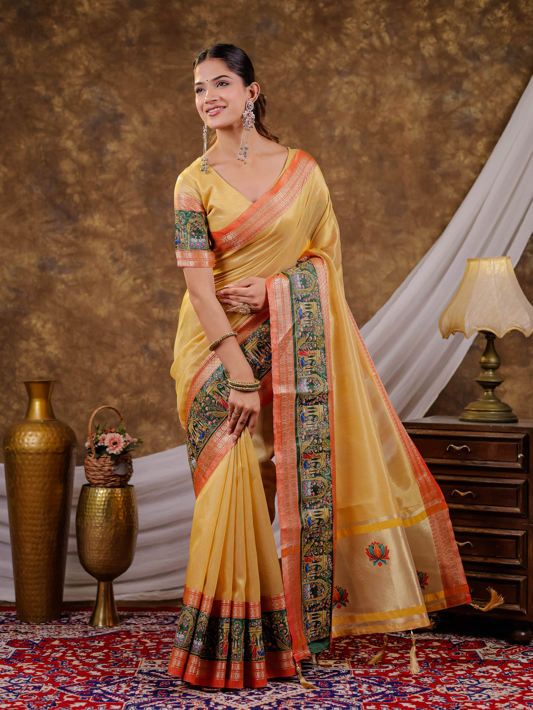 Golden Mustard Khadi Cotton Saree with Rust Orange Zari Border, Elephant Peacock Traditional Print & Lotus Pallu, Tassels with Blouse Piece