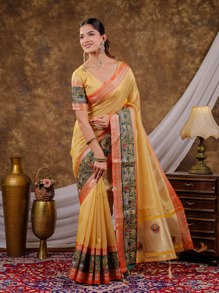 Golden Mustard Khadi Cotton Saree with Rust Orange Zari Border, Elephant Peacock Traditional Print & Lotus Pallu, Tassels with Blouse Piece