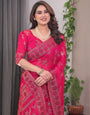 Rani Pink Fendi Satin Block & Foil Print Saree with Floral Motifs, Attached Blouse & Tassel Detailing