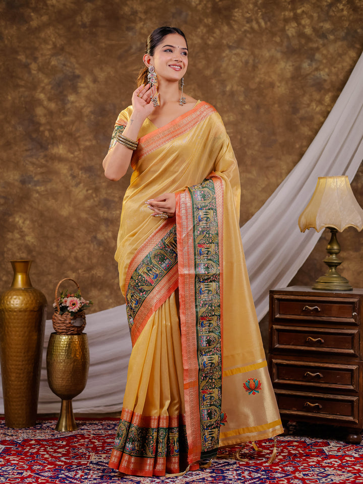 Golden Mustard Khadi Cotton Saree with Rust Orange Zari Border, Elephant Peacock Traditional Print & Lotus Pallu, Tassels with Blouse Piece