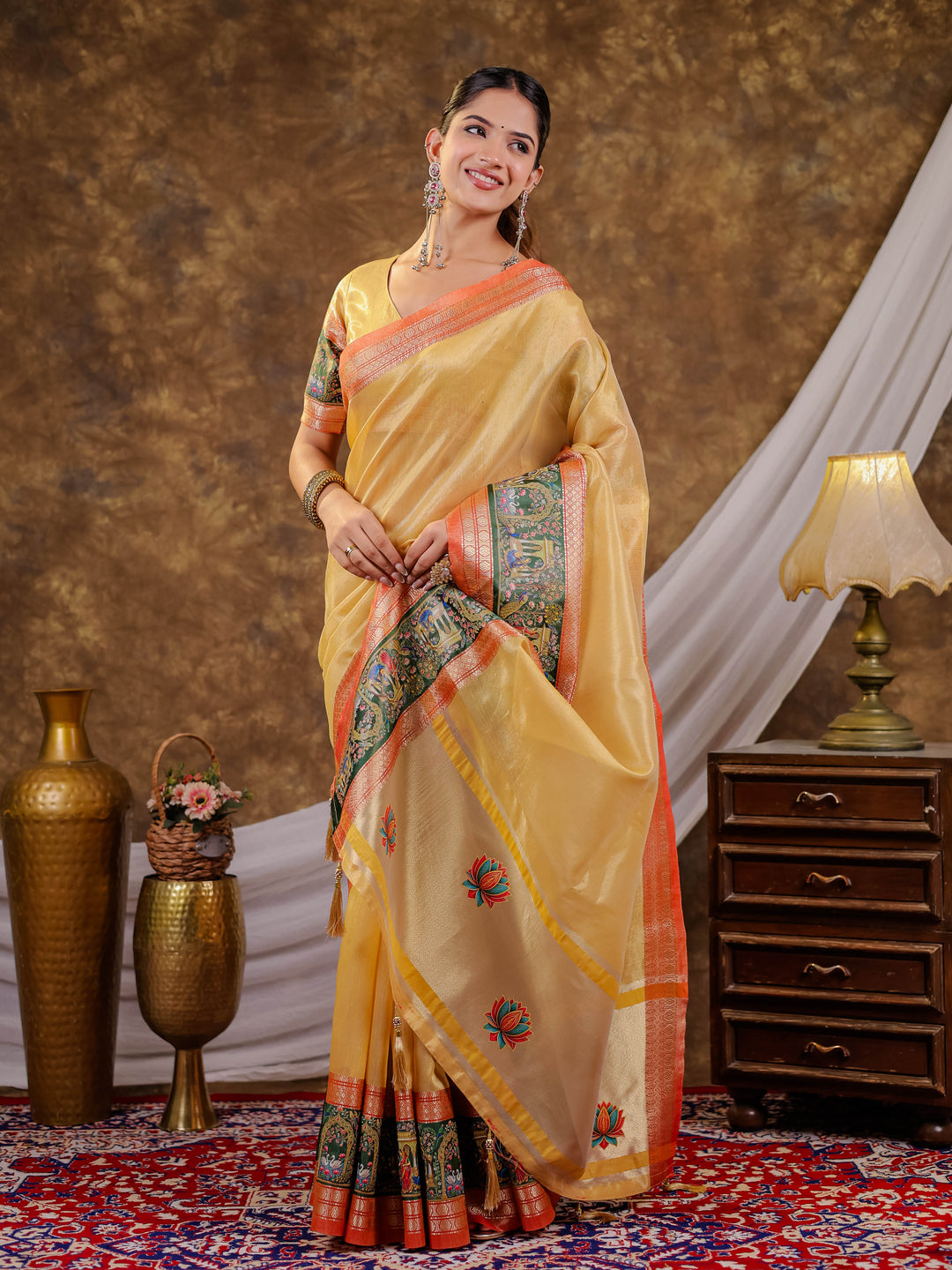 Golden Mustard Khadi Cotton Saree with Rust Orange Zari Border, Elephant Peacock Traditional Print & Lotus Pallu, Tassels with Blouse Piece