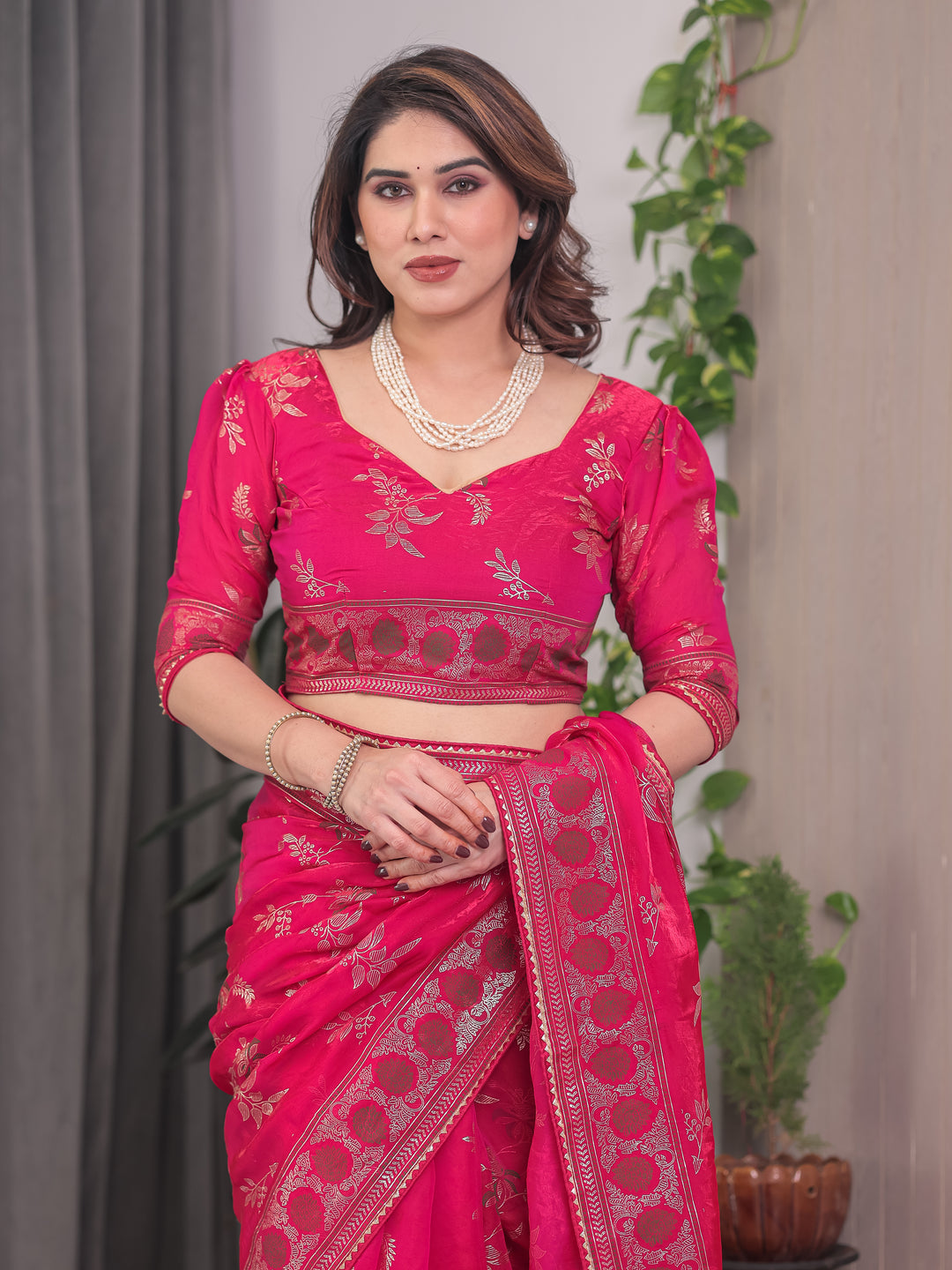 Rani Pink Fendi Satin Block & Foil Print Saree with Floral Motifs, Attached Blouse & Tassel Detailing