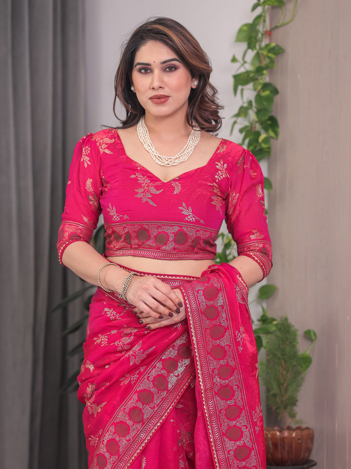 Rani Pink Fendi Satin Block & Foil Print Saree with Floral Motifs, Attached Blouse & Tassel Detailing