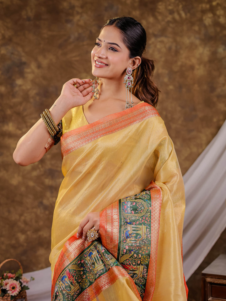Golden Mustard Khadi Cotton Saree with Rust Orange Zari Border, Elephant Peacock Traditional Print & Lotus Pallu, Tassels with Blouse Piece
