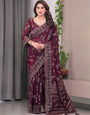 Wine Maroon Fendi Satin Block & Foil Print Saree with Floral Motifs, Attached Blouse & Tassel Pallu