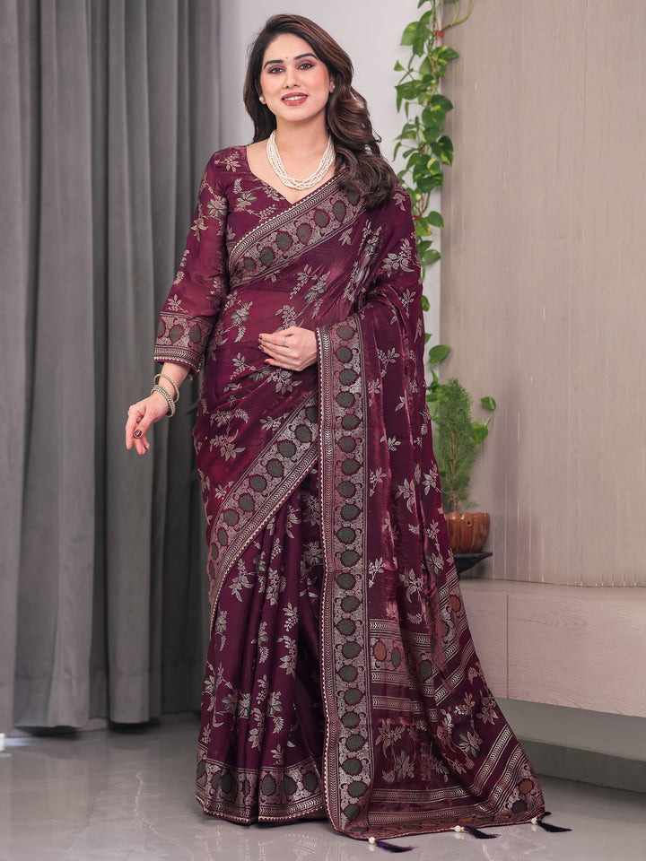 Wine Maroon Fendi Satin Block & Foil Print Saree with Floral Motifs, Attached Blouse & Tassel Pallu